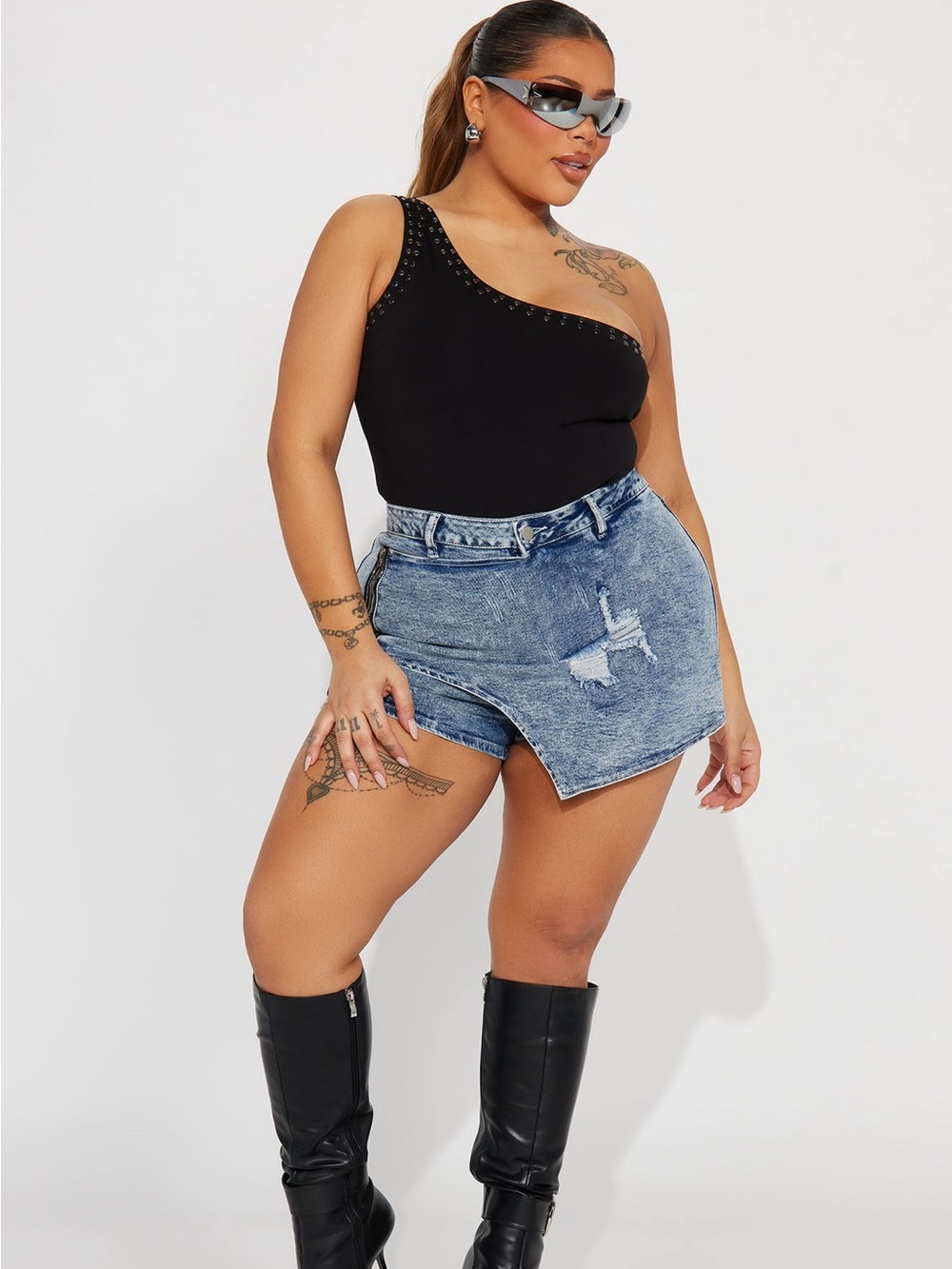 Fashion Nova Light Blue Distressed Denim Asymmetric Skort
